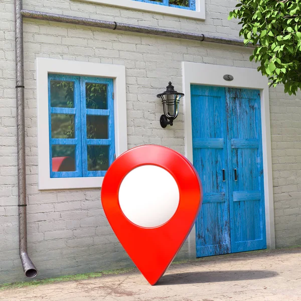 Red Target Pin Pointer Frente Del Retro Vintage European House —  Fotos de Stock