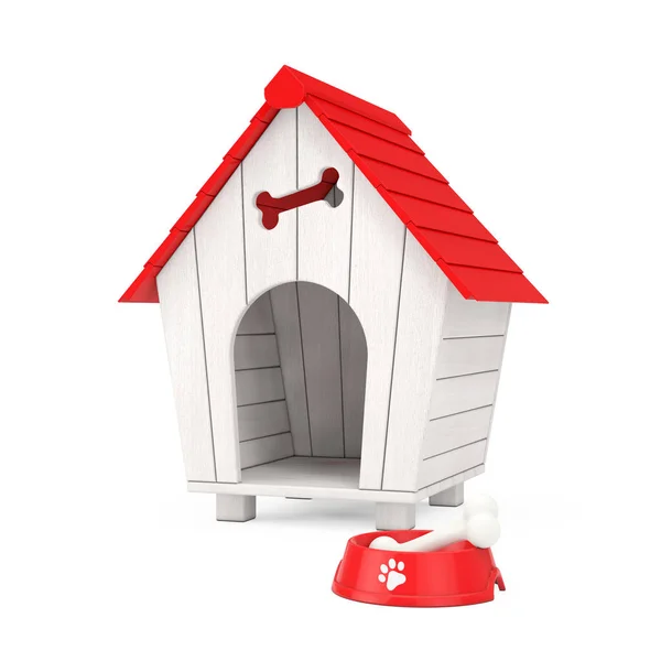 狗嚼骨在红色塑料碗狗在木卡通狗房子前的白色背景 — 图库照片