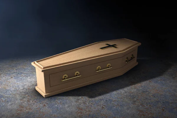 Coffin Madera Con Cruz Dorada Asas Luz Volumétrica Sobre Fondo — Foto de Stock