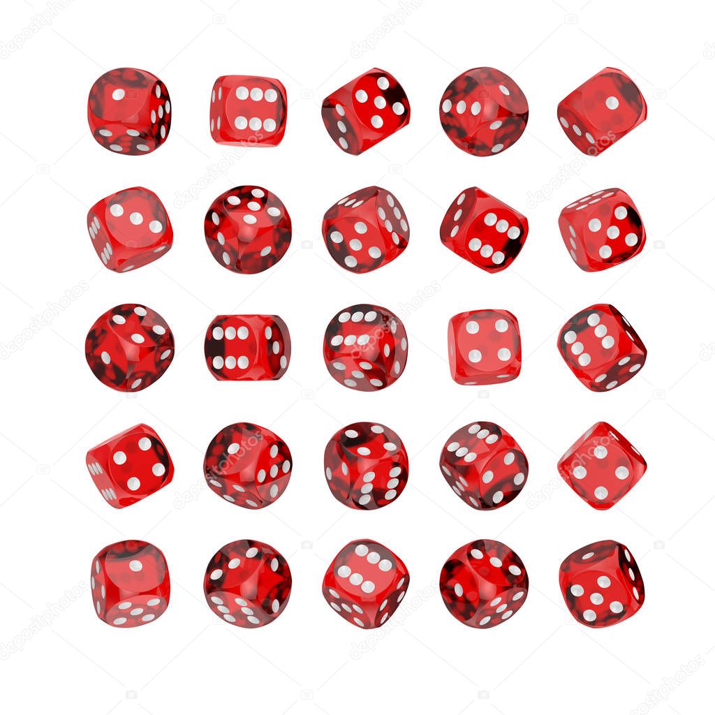 Casino Gambling Concept. Set of Red Glass Game Dice Cubes in Differetn Position on a white background. 3d Rendering 