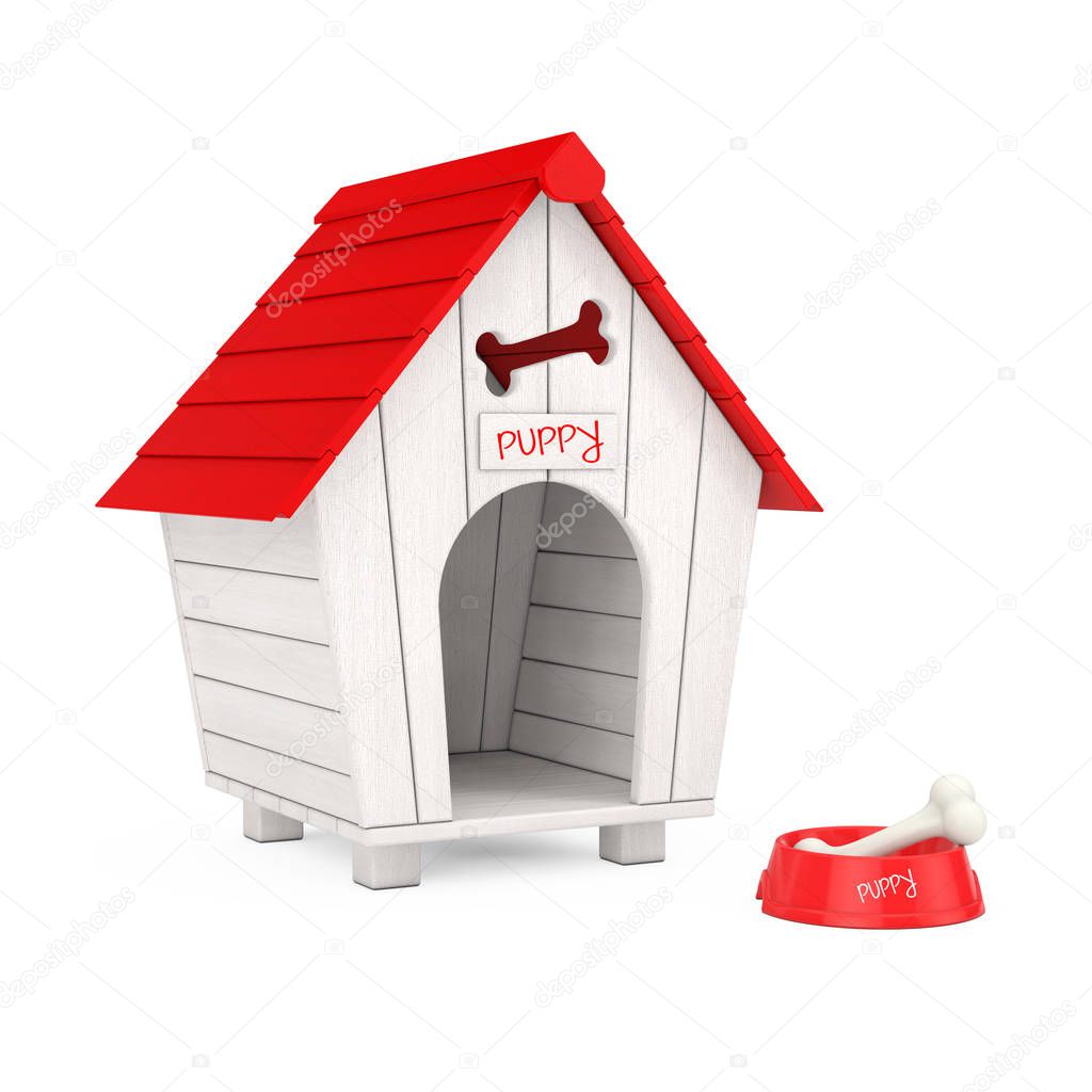 Dog Chew Bone in Red Plastic Bowl for Dog in front of Wooden Cartoon Dog House on a white background. 3d Rendering 
