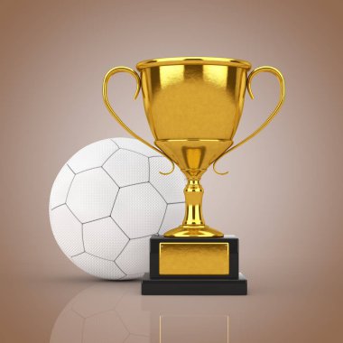 Futbol futbol Ödülü kavramı. Kahverengi bir arka plan üzerinde beyaz deri futbol futbol topu ile altın ödül kupa. 3D render 