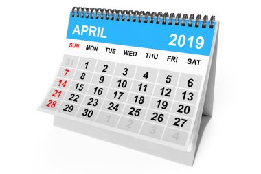 2019 yılı takvimi. Beyaz bir arka plan üzerinde Nisan takvimi. 3D render