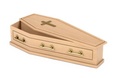 Ahşap tabut ile Golden Cross ve kolları beyaz zemin üzerinde. 3D render 