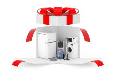 Ev aletleri hediye. Ev aletleri açtı sürpriz beyaz hediye kutusunda kırmızı kurdele ve beyaz bir arka plan üzerinde yay ile ayarlayın. 3D render 