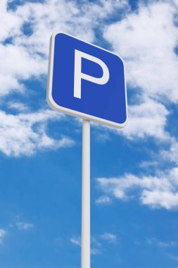 Yol trafik işaret bir mavi gökyüzü arka plan üzerinde otopark. 3D render 
