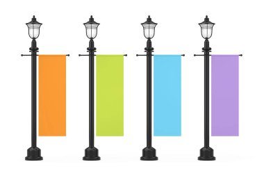 Retro Vintage sokak lamba sonrası Multicolour reklam promosyon Mockup bayrağı üzerinde beyaz bir arka plan ile. 3D render 