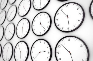 Beyaz bir arka plan üzerinde farklı dünya zaman saatlerle kümesi. 3D render 