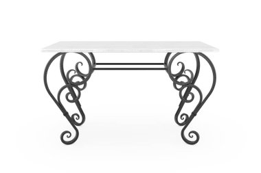 Vintage klasik ahşap masa demir ayak üzerinde beyaz bir arka plan ile. 3D render 