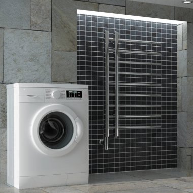 Modern beyaz çamaşır makinesine banyo iç aşırı closeup. 3D render 
