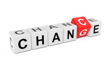 Küp bloklar şans geçiş için beyaz bir arka plan üzerinde değişiklik kelime ile. 3D render 