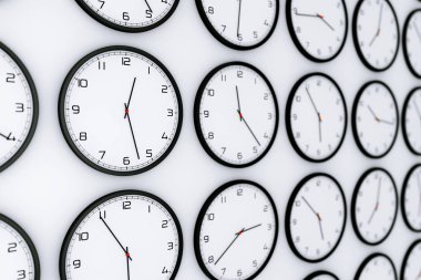 Beyaz bir arka plan üzerinde farklı dünya zaman saatlerle kümesi. 3D render 