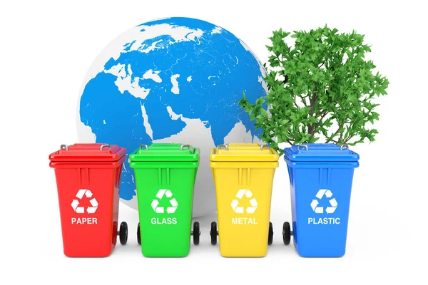 Ecological Concept. Red, Green, Yellow and Blue Recycle Bins with Recycle Symbols, Earth Globe and Green Tree on a white background. 3d Rendering