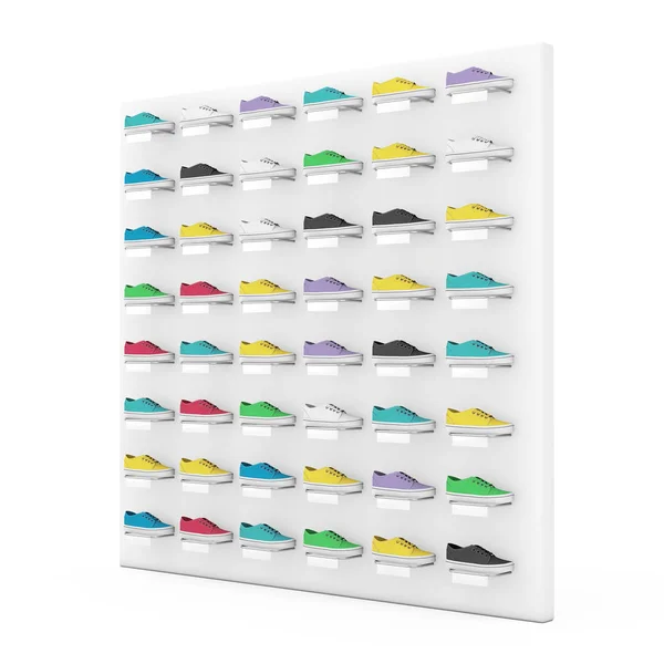 Many Multicolour Sneakers Footwear Exhibition Shelf Sale Fashion Shop White — Stock Photo, Image