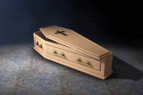 Wooden Coffin With Golden Cross and Handles in the Volumetric Light on a black background. 3d Rendering