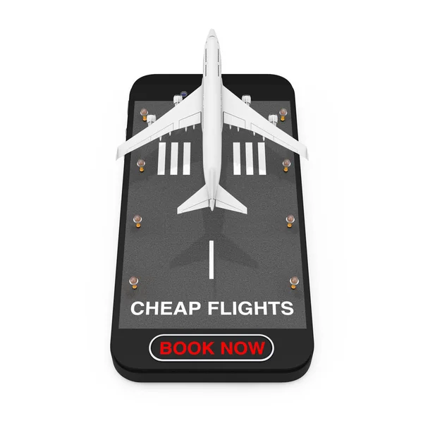 Samolotem Biały Jet Pasażera Startu Telefonu Komórkowego Pasa Startowego Tanie — Zdjęcie stockowe