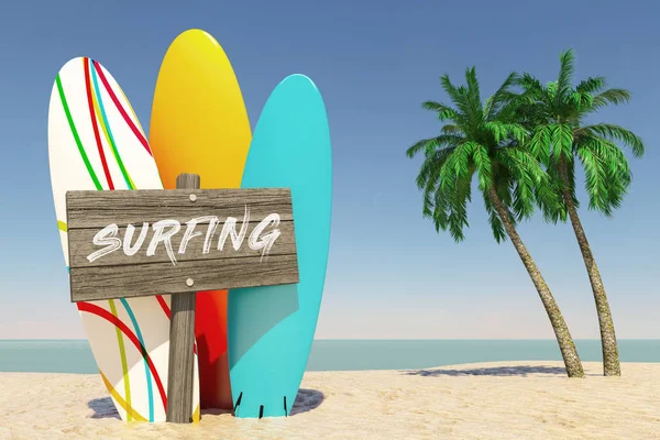 Concepto Turismo Viajes Coloridas Tablas Surf Verano Con Letrero Dirección —  Fotos de Stock