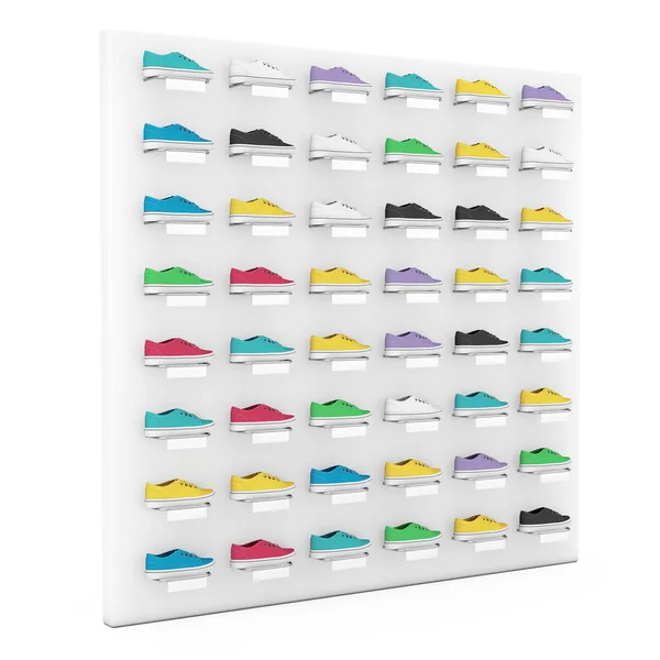 Многие Разноцветные Кроссовки Обувь Выставка Полке Продажи Магазине Моды Белый — стоковое фото