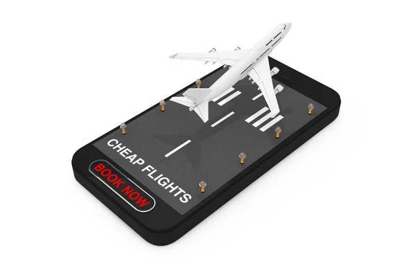 ホワイト ジェット旅客機の飛行機離陸滑走路 格安航空券の記号と白の背景に今ボタンを本携帯電話から レンダリング — ストック写真