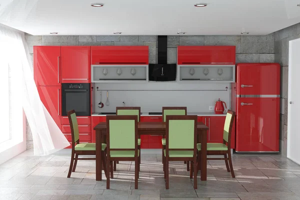 Mesa Sillas Frente Los Muebles Cocina Rojo Moderno Con Utensilios — Foto de Stock