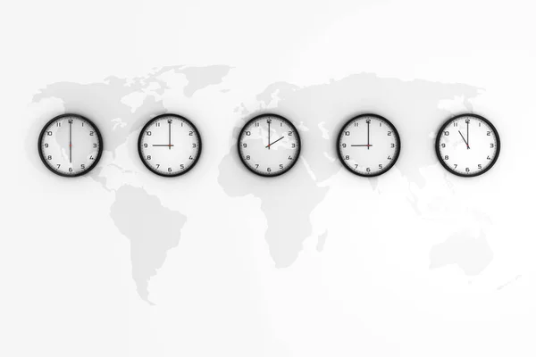 Conjunto Relojes Con Diferente Hora Mundial Con Mapa Del Mundo —  Fotos de Stock