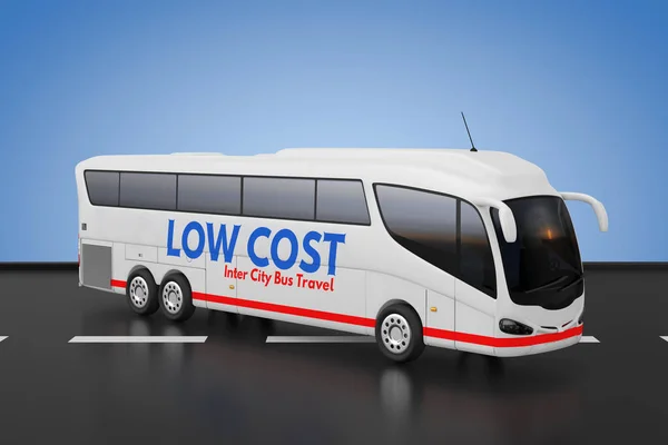 Big White Coach Tour Inter City Travel Bus with Low Cost Sign on a blue background. 3d Rendering