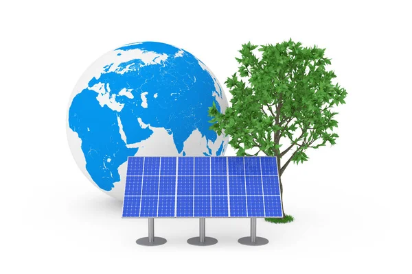 生態学的なエネルギー コンセプト 白地にブルーのパターンの太陽電池パネル グリーン ツリー レンダリング — ストック写真