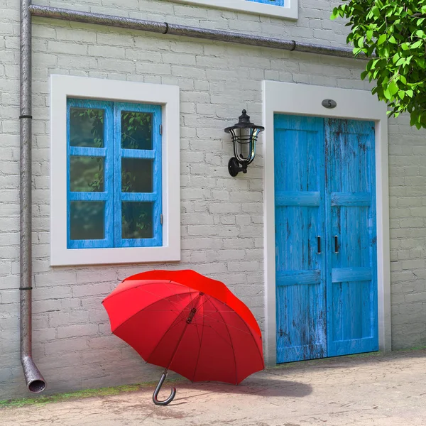 Rött Paraply Framför Retro Vintage Europeiska Hus Byggnad Smala Gatan — Stockfoto