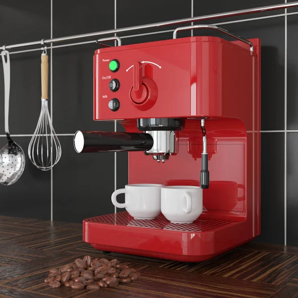 Macchina Caffè Espresso Rosso Vicino Davanti Alla Parete Piastrelle Nere — Foto Stock