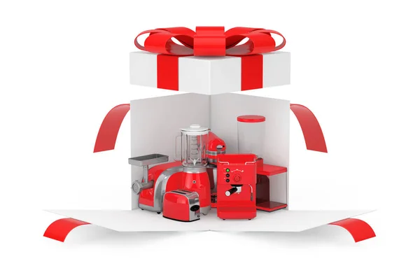 キッチン家電の贈り物です 赤ミキサー トースター コーヒー マシン 肉下路 フード ミキサー 赤いリボンと白い背景の上の弓の驚きホワイト ギフト — ストック写真