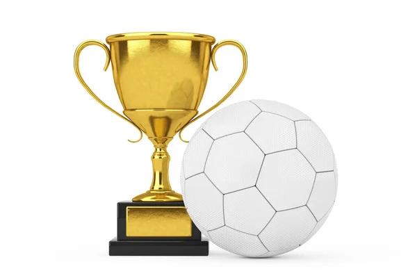 Football Soccer Award Concept Golden Award Trophy White Leather Football — Stock Photo, Image