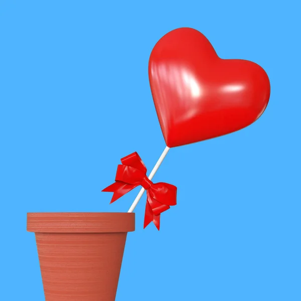 红色的心脏与红色丝带在花盆在蓝色背景 — 图库照片