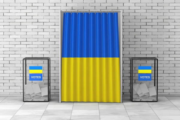 Κάλπες Κοντά Στο Λευκό Ψηφοφορία Περίπτερο Κουρτίνα Και Ουκρανία Σημαία — Φωτογραφία Αρχείου