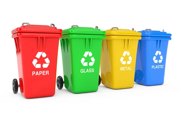 Rote Grüne Gelbe Und Blaue Papierkörbe Mit Recyclingsymbol Auf Weißem — Stockfoto