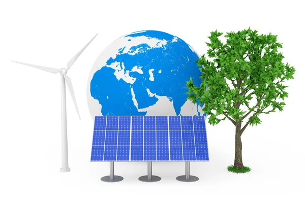 生態学的なエネルギー コンセプト 白地に青のパターンの太陽電池パネル 風力タービン風車 グリーン ツリー レンダリング — ストック写真