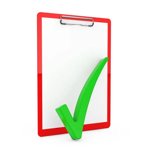 Green Check Mark Sobre Área Transferência Vermelha Com Papel Branco — Fotografia de Stock