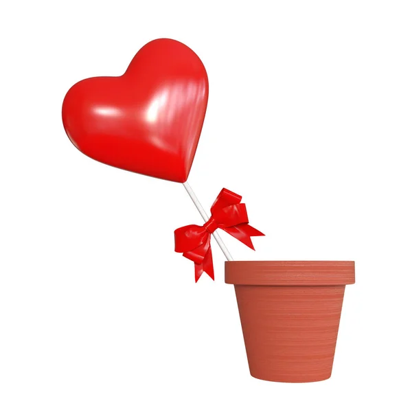 Red Heart Red Ribbon Flowers Pot White Background Rendering — Stock Photo, Image