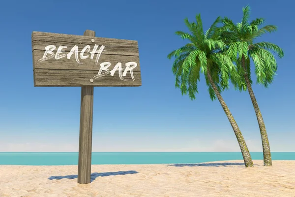 旅游和旅游概念 木方向的信号与海滩酒吧标志在热带天堂海滩与白沙和椰子棕榈树在蓝天背景 — 图库照片