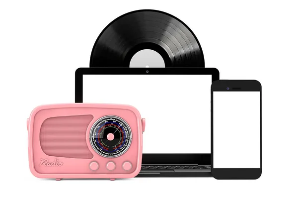 Retro Radyo Vintage Vinil Kayıt Disk Cep Telefonu Laptop Beyaz — Stok fotoğraf