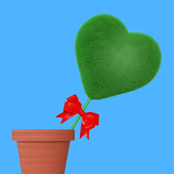 Herbe Verte Coeur Avec Ruban Rouge Pot Fleurs Sur Fond — Photo