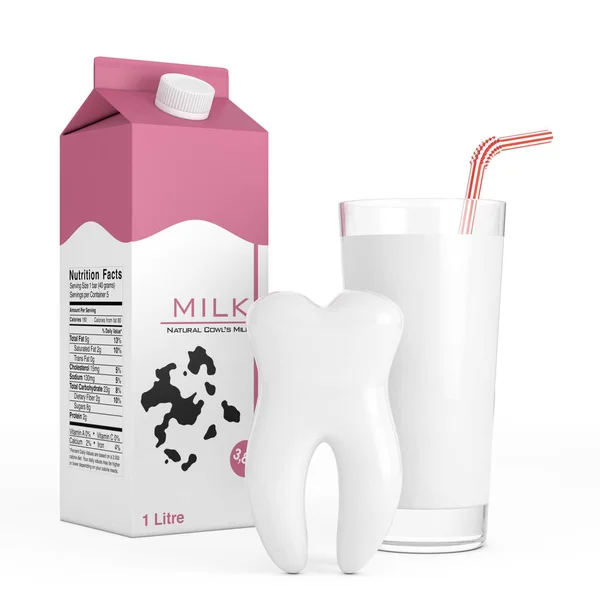 ミルクのガラスと白い背景にミルク カートン ボックスの前で白い歯 レンダリング — ストック写真