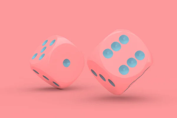 Casino Gambling Concept. Pink Game Dice Cubes in Flight on a pink background. 3d Rendering