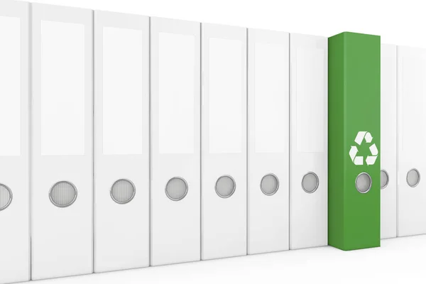 Wiersz Biały Spoiwa Folderów Zielonych Jednym Recyklingu Znak Białym Tle — Zdjęcie stockowe