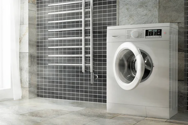 Máquina Lavar Branca Moderna Banheiro Fecho Extremo Interior Renderização — Fotografia de Stock