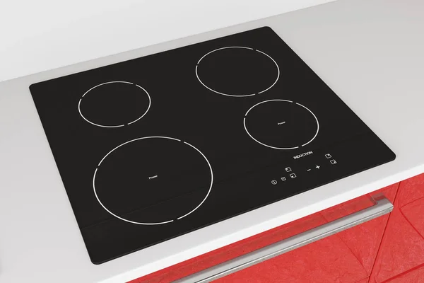 Estufa Cocina Inducción Moderna Con Muebles Cocina Rojos Primer Plano — Foto de Stock