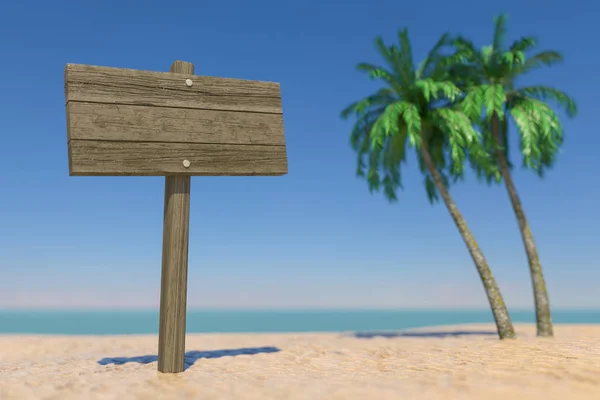 旅游和旅游概念 空的木方向信号在热带天堂海滩与白沙和椰子棕榈树在蓝天背景 — 图库照片