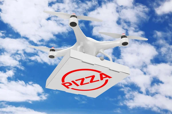 Air Drone Entregando Pizza Box Fundo Azul Céu Renderização — Fotografia de Stock