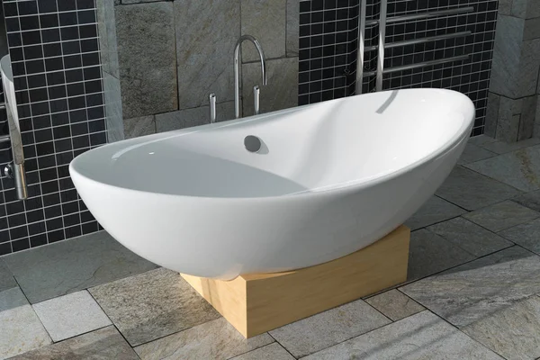 Moderno Bañera Blanca Cuarto Baño Extremo Primer Plano Interior Renderizado —  Fotos de Stock