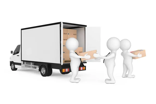 Pengiriman Orang Orang Membongkar Kardus Parsel Kotak Dari Cargo Van — Stok Foto