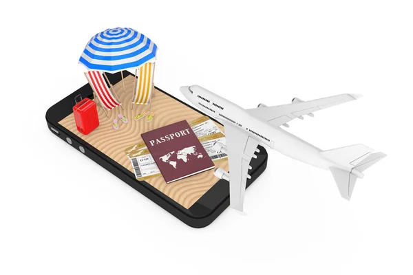 Booking Online Tickets Concept. White Jet Passenger\'s Airplane Flying Over Mobile Phone with Passport, Tickets and Sand Tropical Beach on a white background. 3d Rendering